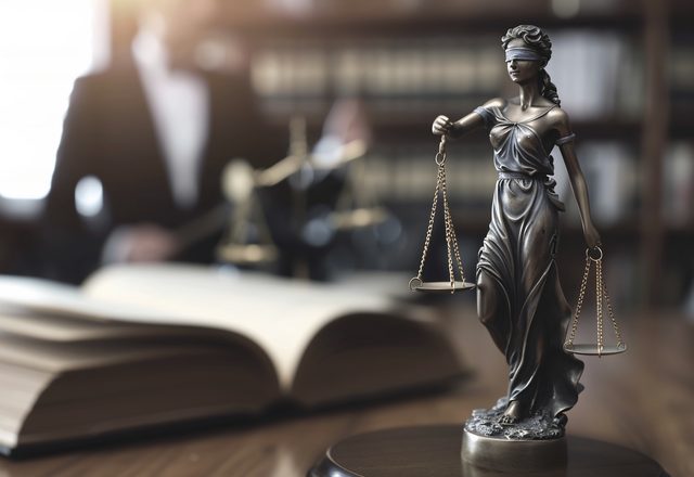 Scales of justice on a desk beside an open law book